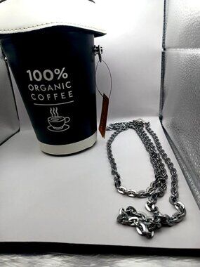 Coffee Cup Crossbody Purse With 48 Inch Silvertone Chain Black + White New Tags
